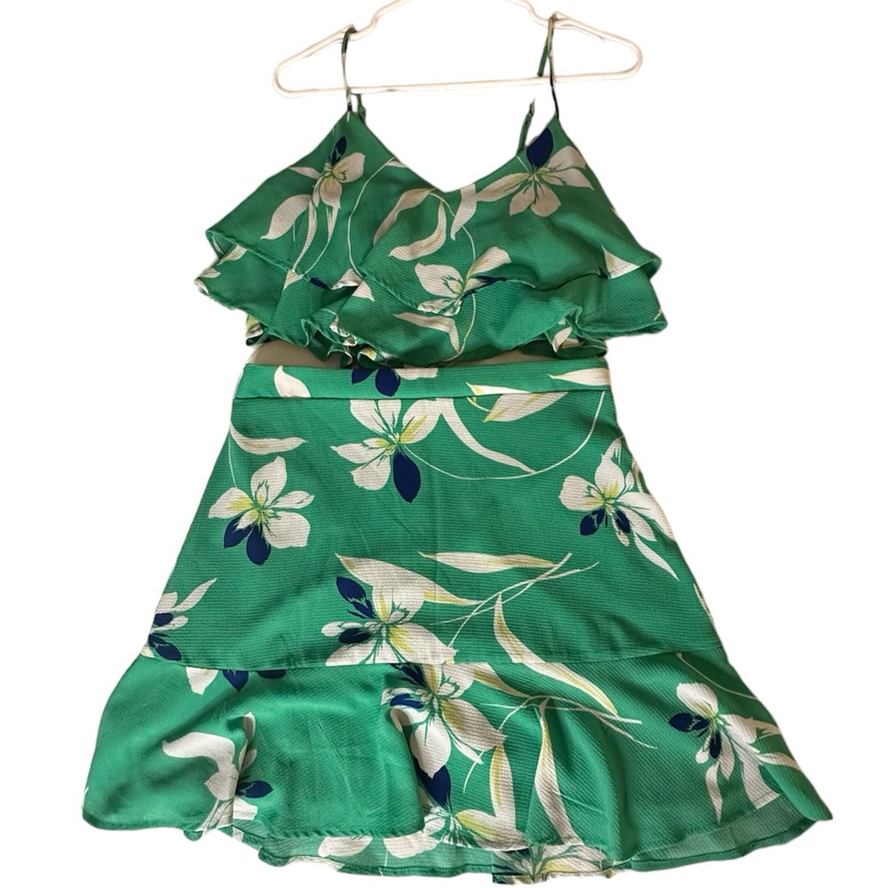 Jodi Kristopher Green Floral Layered Ruffle Two Piece Skirt Set